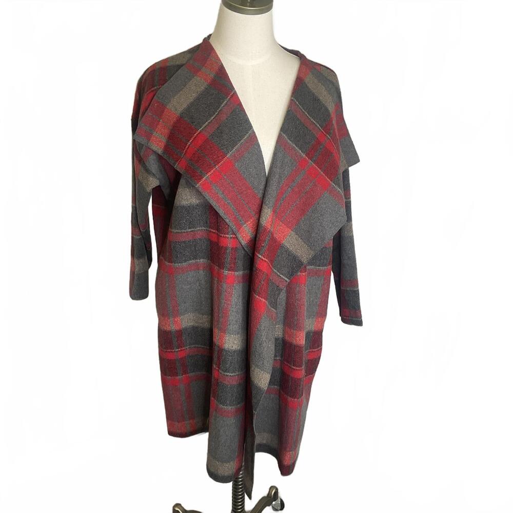 MTS Women's Size Small Red Grey Plaid Heavy Fleece Draped Cardigan Sweater